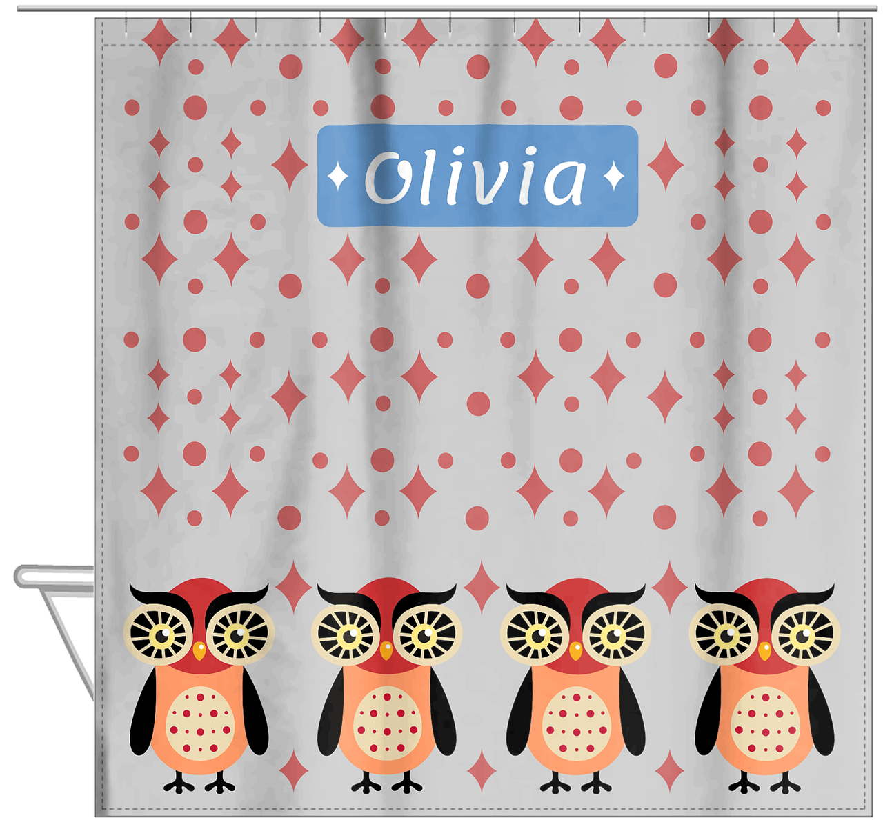 Personalized Owl Shower Curtain II - Owl 11 - Grey Background - Hanging View