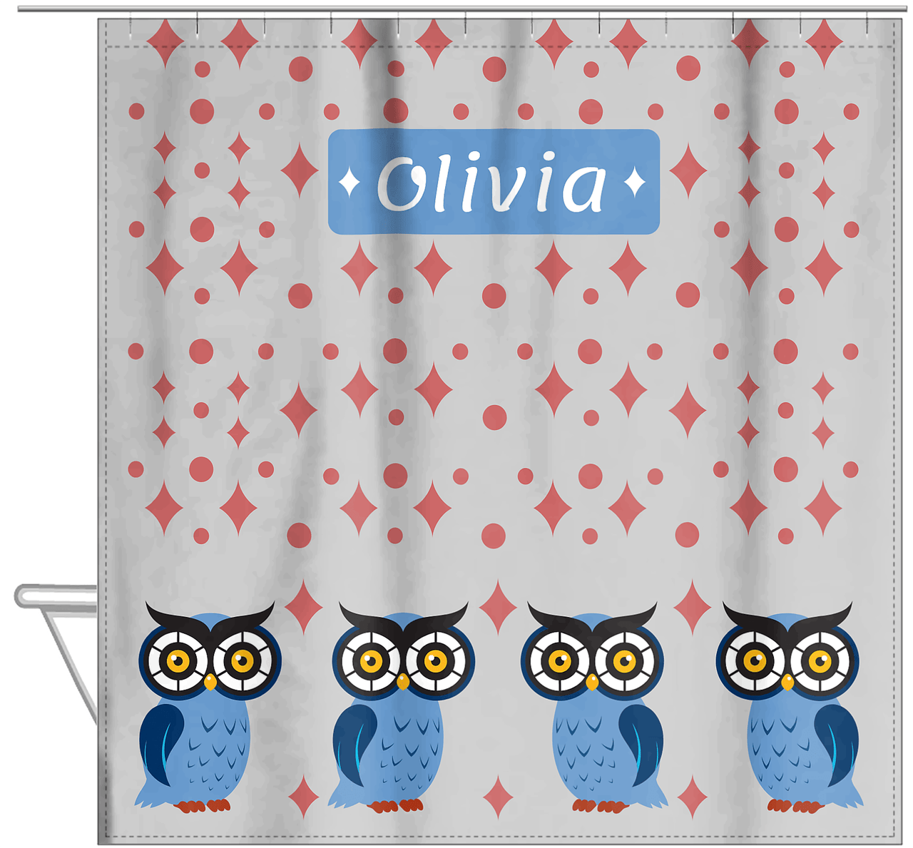 Personalized Owl Shower Curtain II - Owl 12 - Grey Background - Hanging View