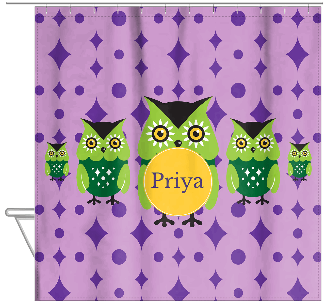 Personalized Owl Shower Curtain IV - Owl 08 - Purple Background - Hanging View