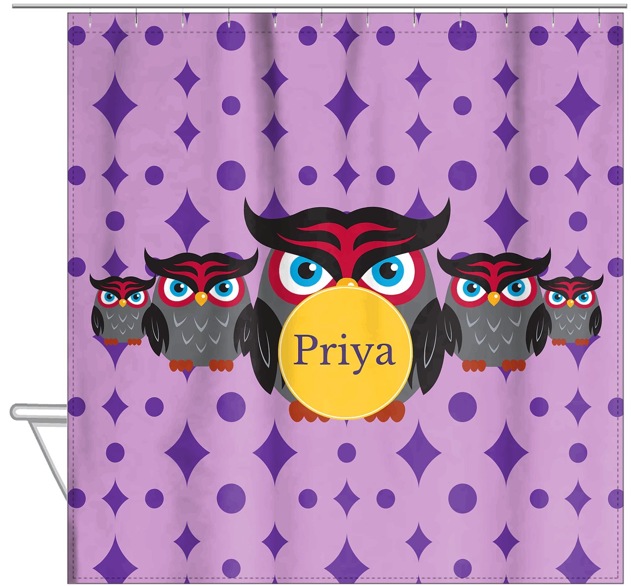 Personalized Owl Shower Curtain IV - Owl 02 - Purple Background - Hanging View