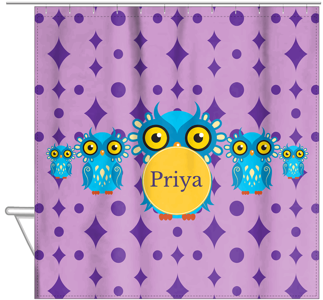 Personalized Owl Shower Curtain IV - Owl 01 - Purple Background - Hanging View