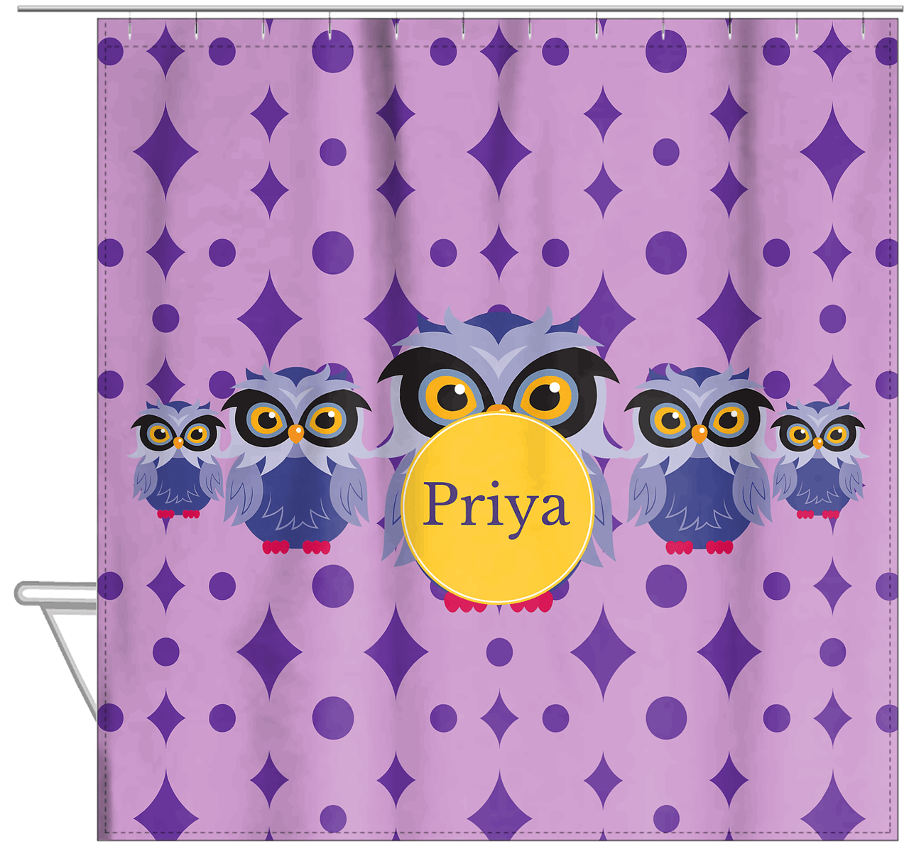Personalized Owl Shower Curtain IV - Owl 05 - Purple Background - Hanging View