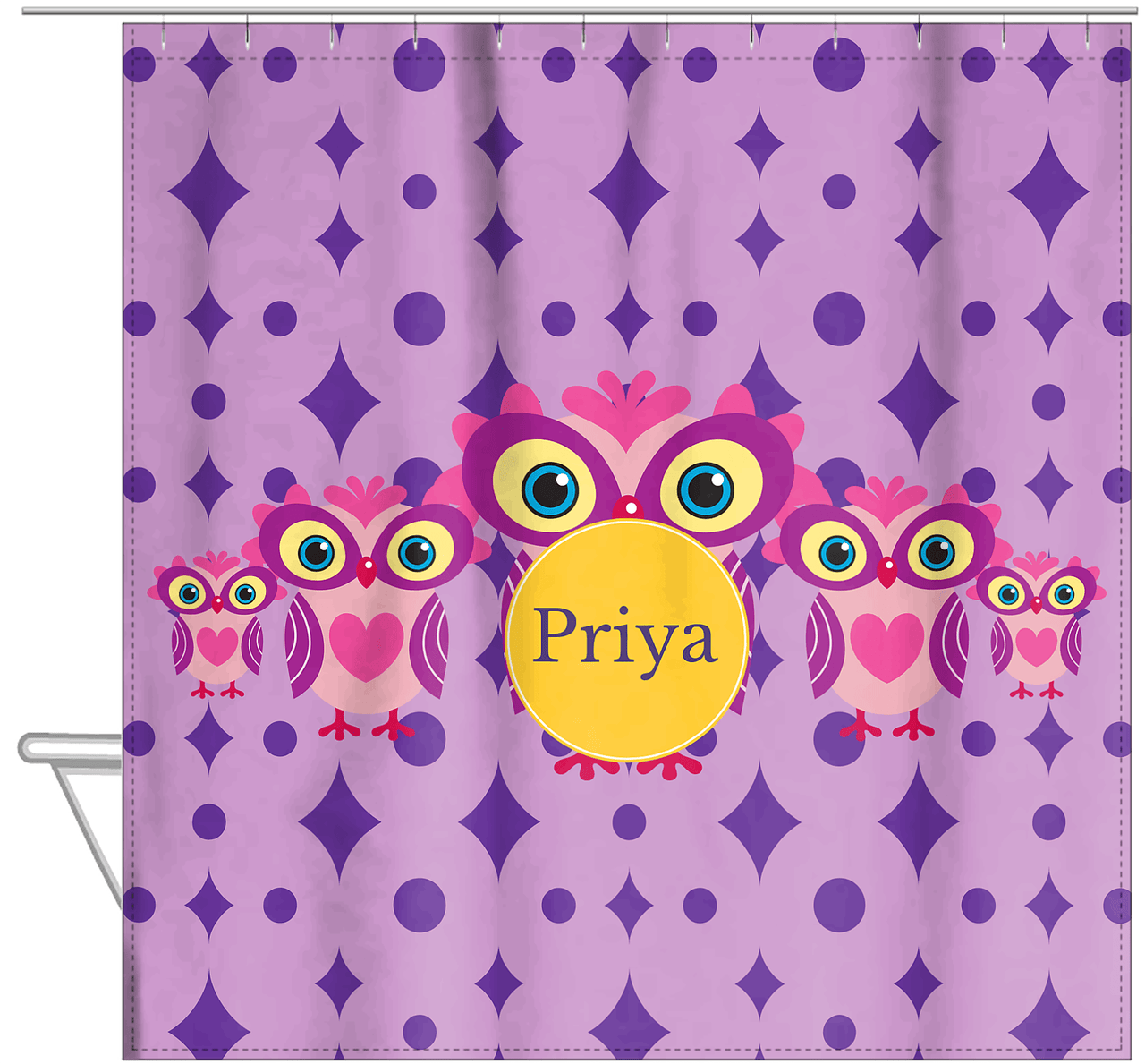 Personalized Owl Shower Curtain IV - Owl 07 - Purple Background - Hanging View