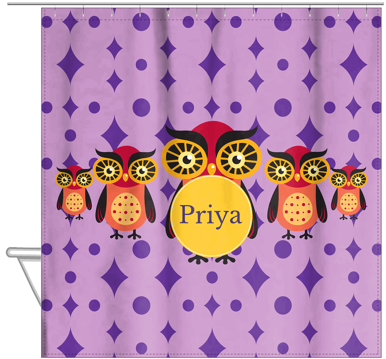 Personalized Owl Shower Curtain IV - Owl 11 - Purple Background - Hanging View