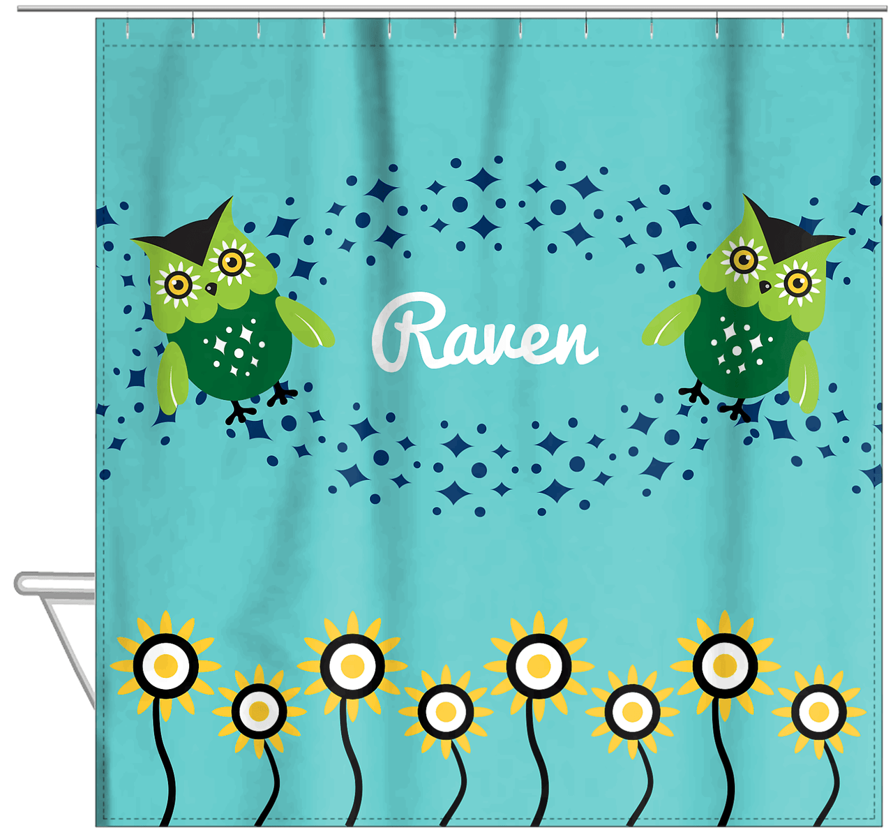 Personalized Owl Shower Curtain V - Owl 08 - Teal Background - Hanging View