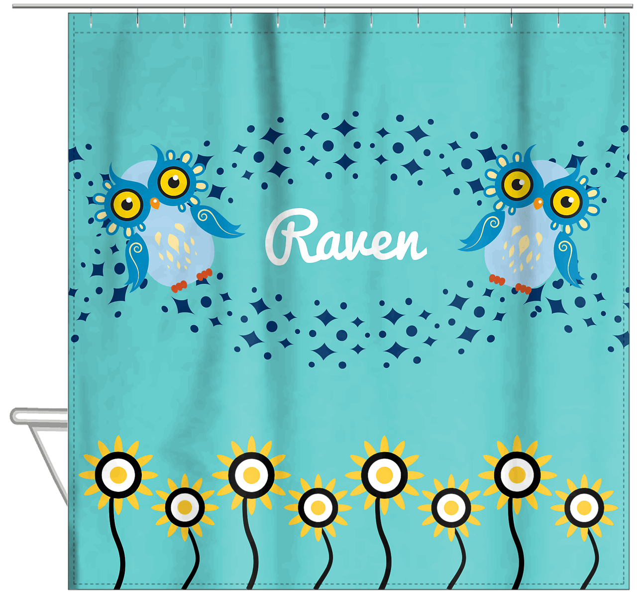 Personalized Owl Shower Curtain V - Owl 01 - Teal Background - Hanging View