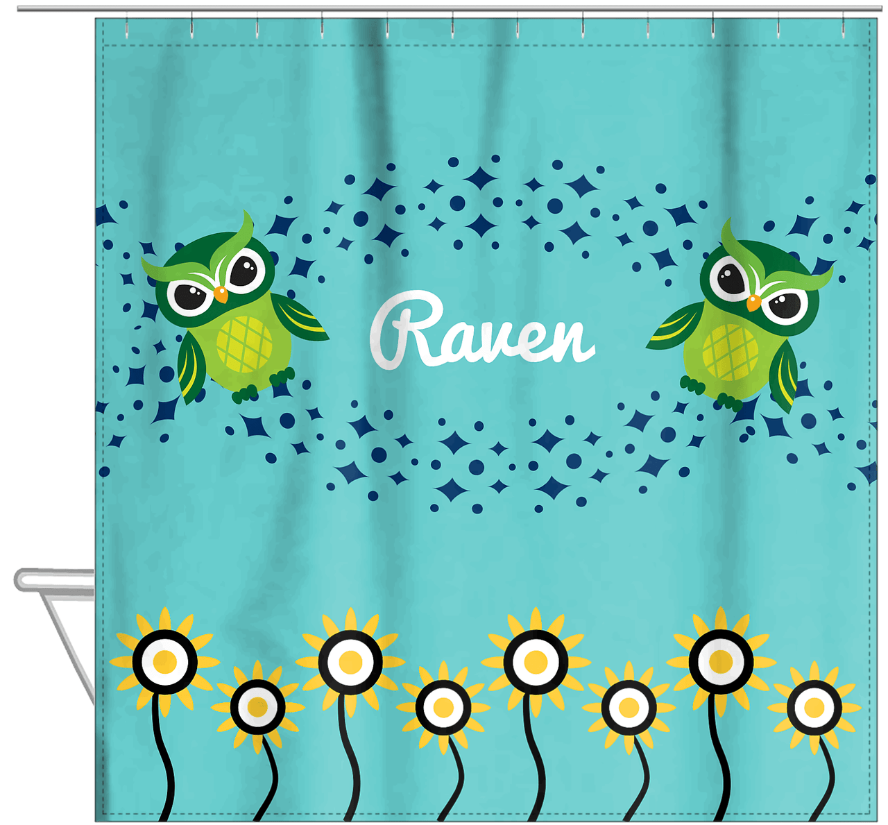 Personalized Owl Shower Curtain V - Owl 03 - Teal Background - Hanging View