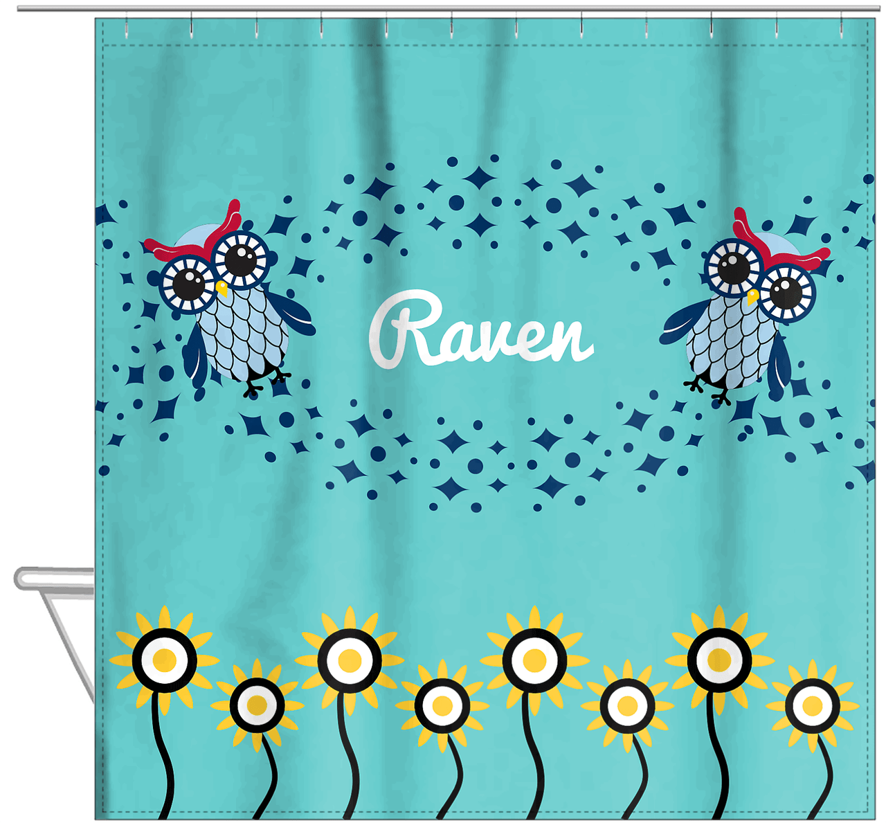 Personalized Owl Shower Curtain V - Owl 06 - Teal Background - Hanging View