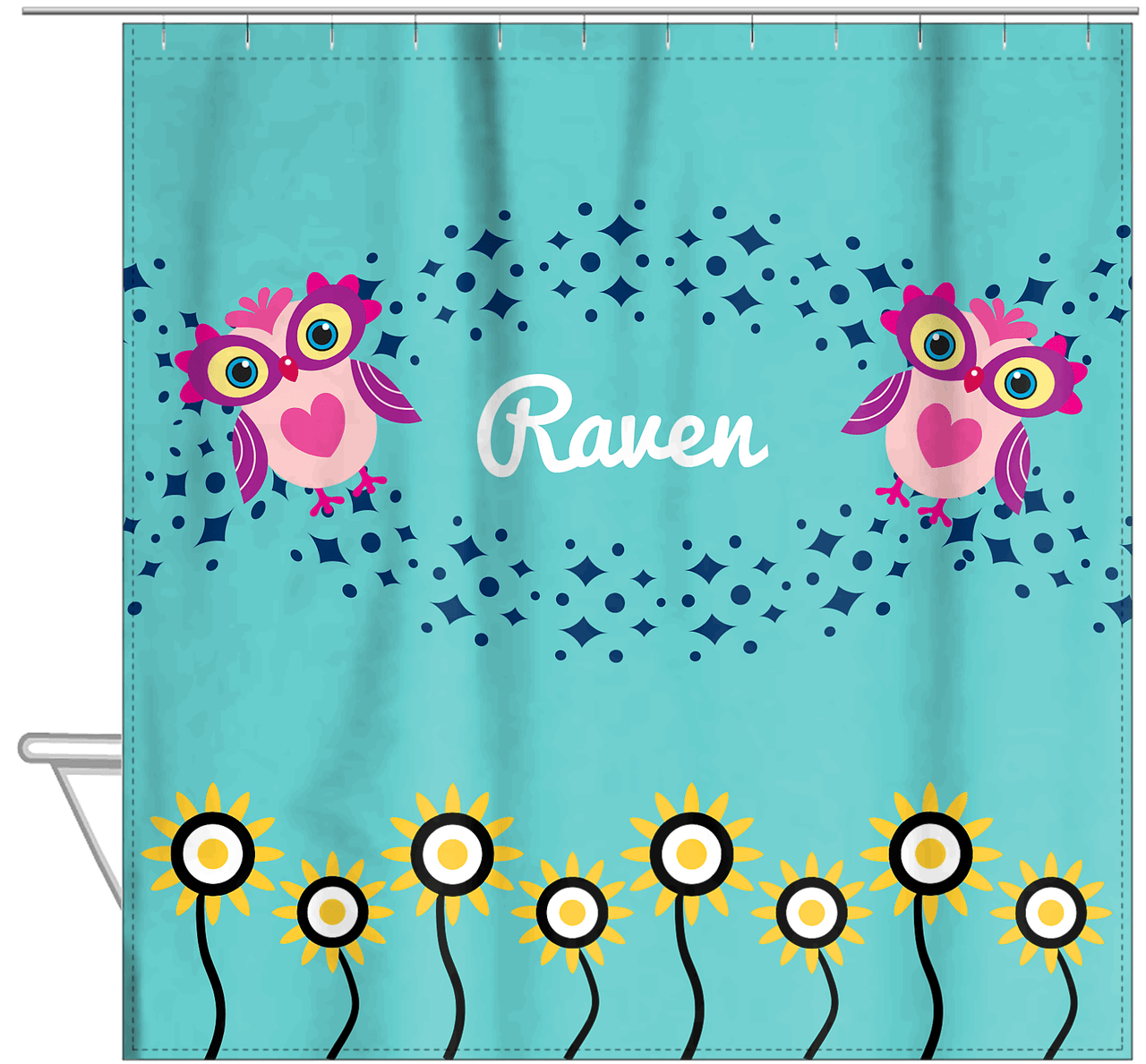 Personalized Owl Shower Curtain V - Owl 07 - Teal Background - Hanging View