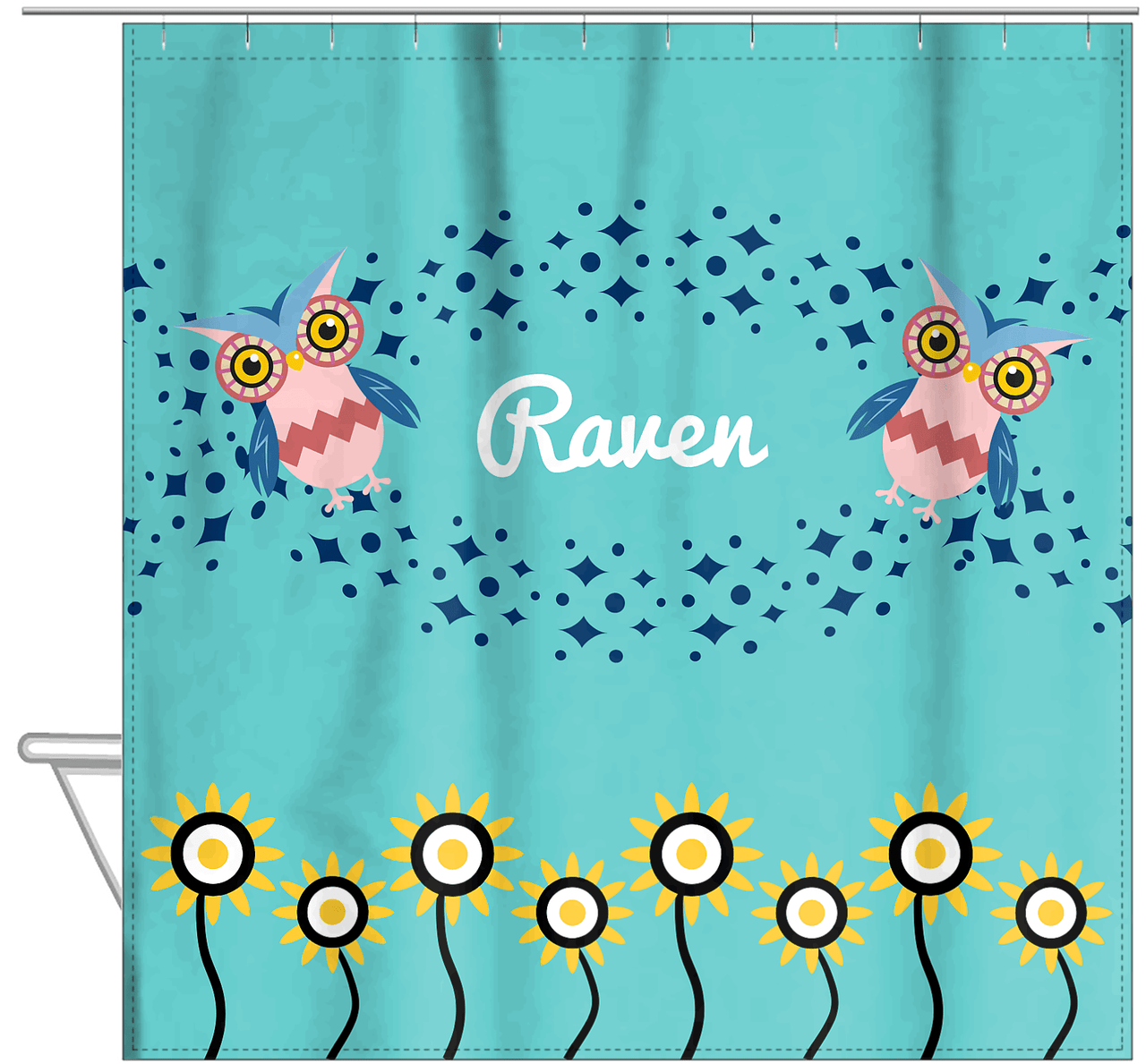 Personalized Owl Shower Curtain V - Owl 09 - Teal Background - Hanging View
