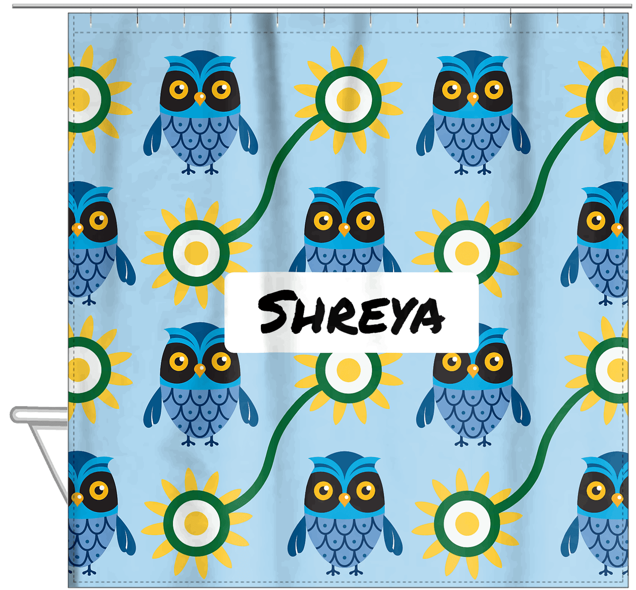 Personalized Owl Shower Curtain VI - Owl 04 - Light Blue Background - Hanging View