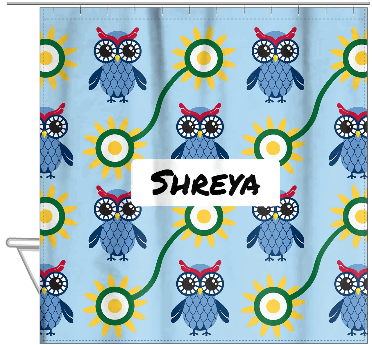 Personalized Owl Shower Curtain VI - Owl 06 - Light Blue Background - Hanging View