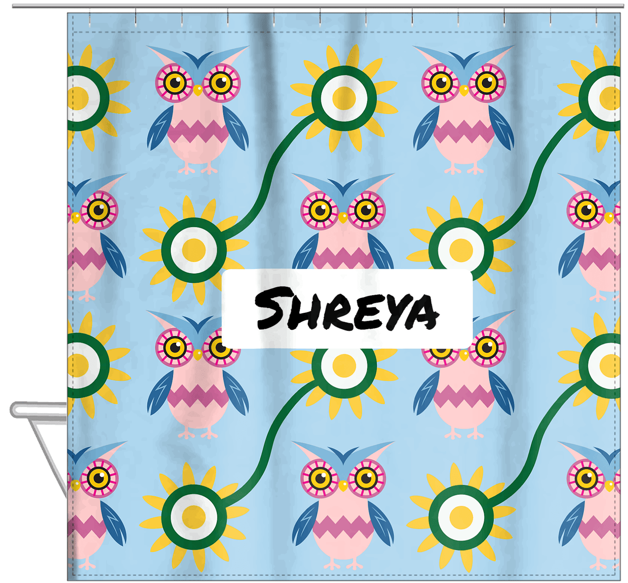 Personalized Owl Shower Curtain VI - Owl 09 - Light Blue Background - Hanging View