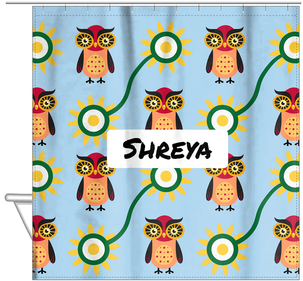Personalized Owl Shower Curtain VI - Owl 11 - Light Blue Background - Hanging View