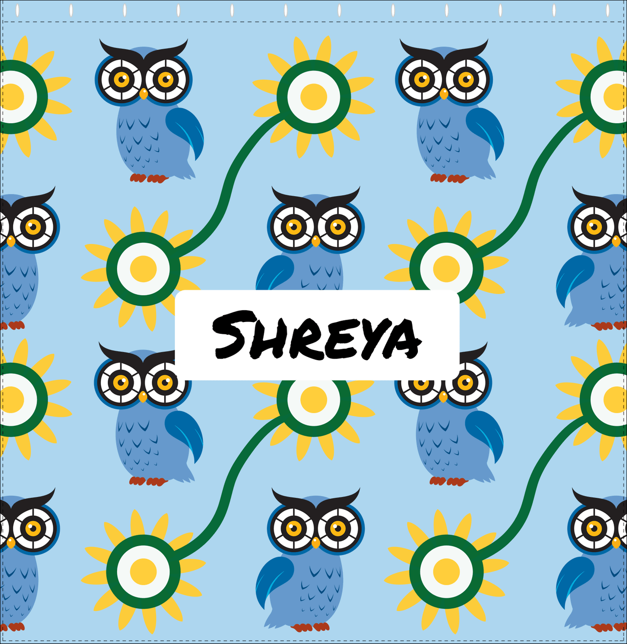 Personalized Owl Shower Curtain VI - Owl 12 - Light Blue Background - Decorate View