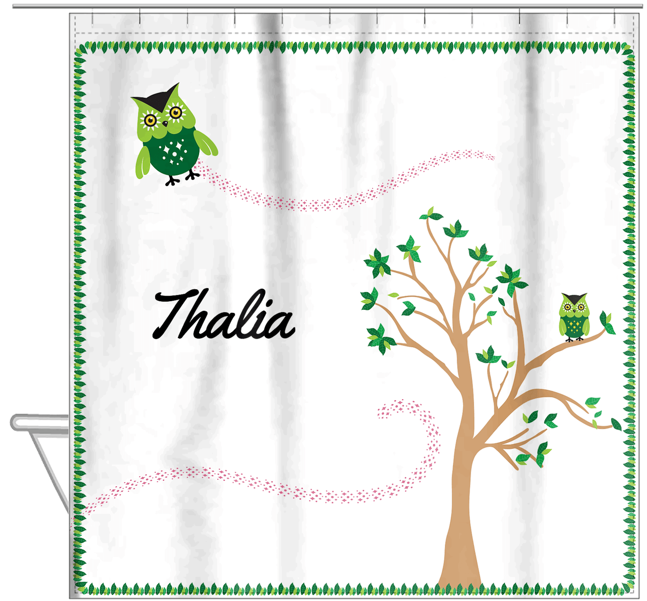 Personalized Owl Shower Curtain VII - Owl 08 - White Background - Hanging View