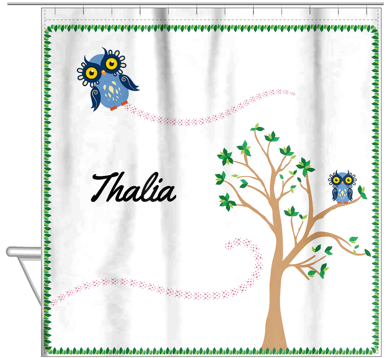 Personalized Owl Shower Curtain VII - Owl 01 - White Background - Hanging View
