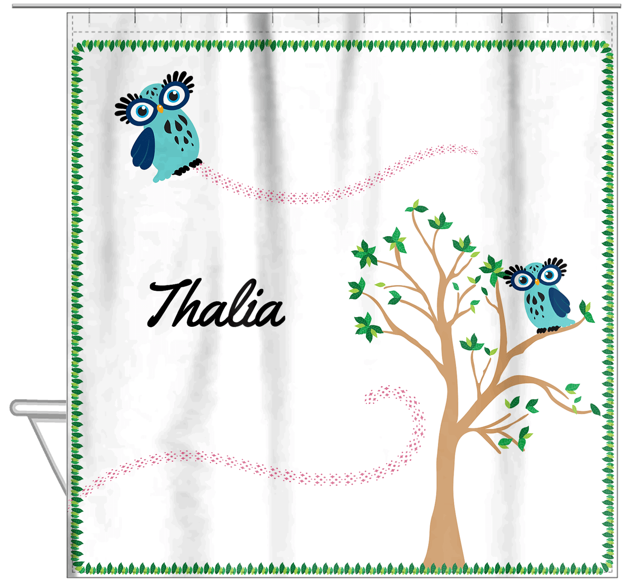 Personalized Owl Shower Curtain VII - Owl 10 - White Background - Hanging View