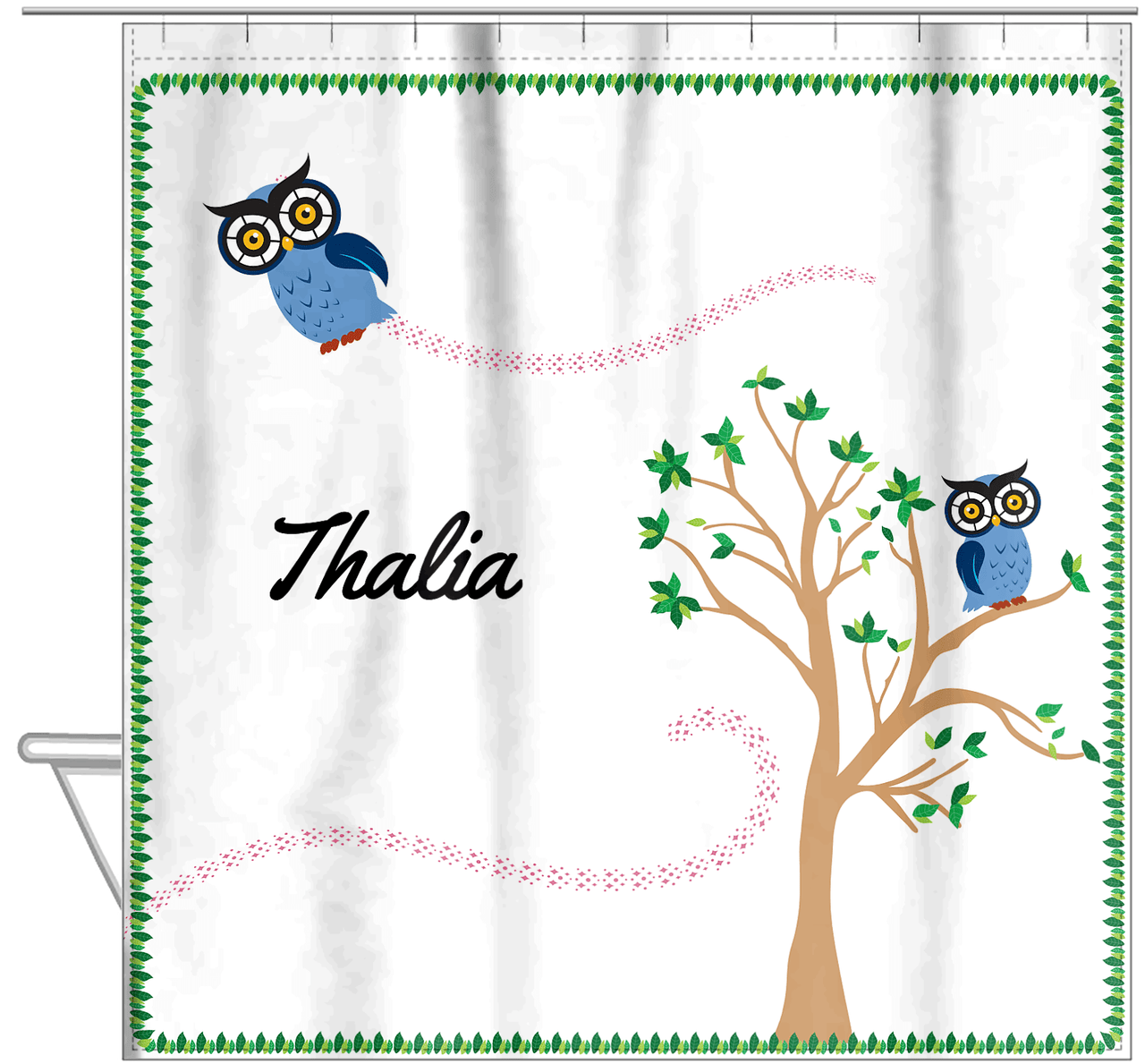 Personalized Owl Shower Curtain VII - Owl 12 - White Background - Hanging View