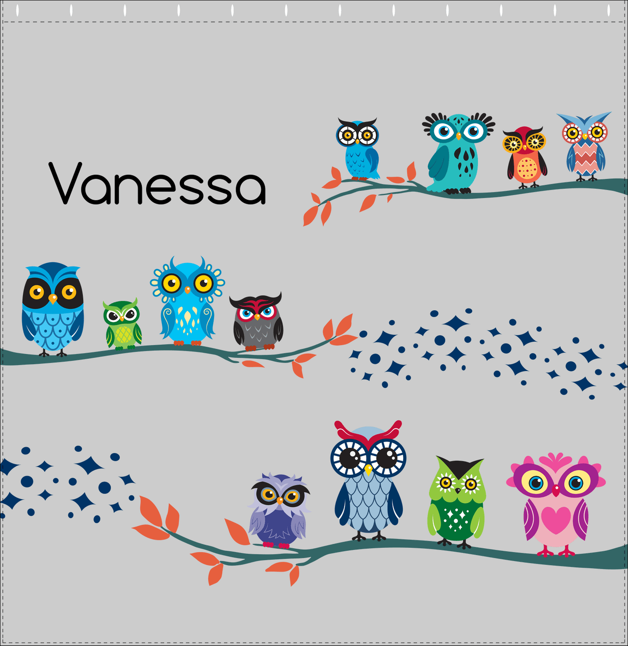Personalized Owl Shower Curtain VIII - All Owls - Grey Background - Decorate View