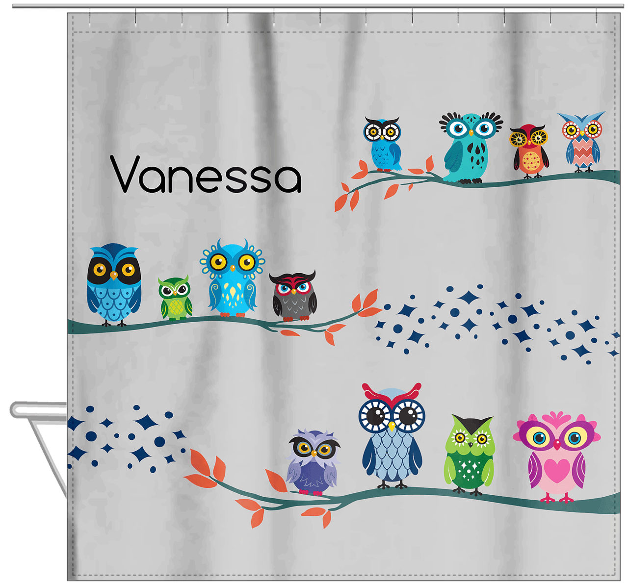 Personalized Owl Shower Curtain VIII - All Owls - Grey Background - Hanging View
