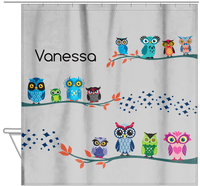 Thumbnail for Personalized Owl Shower Curtain VIII - All Owls - Grey Background - Hanging View