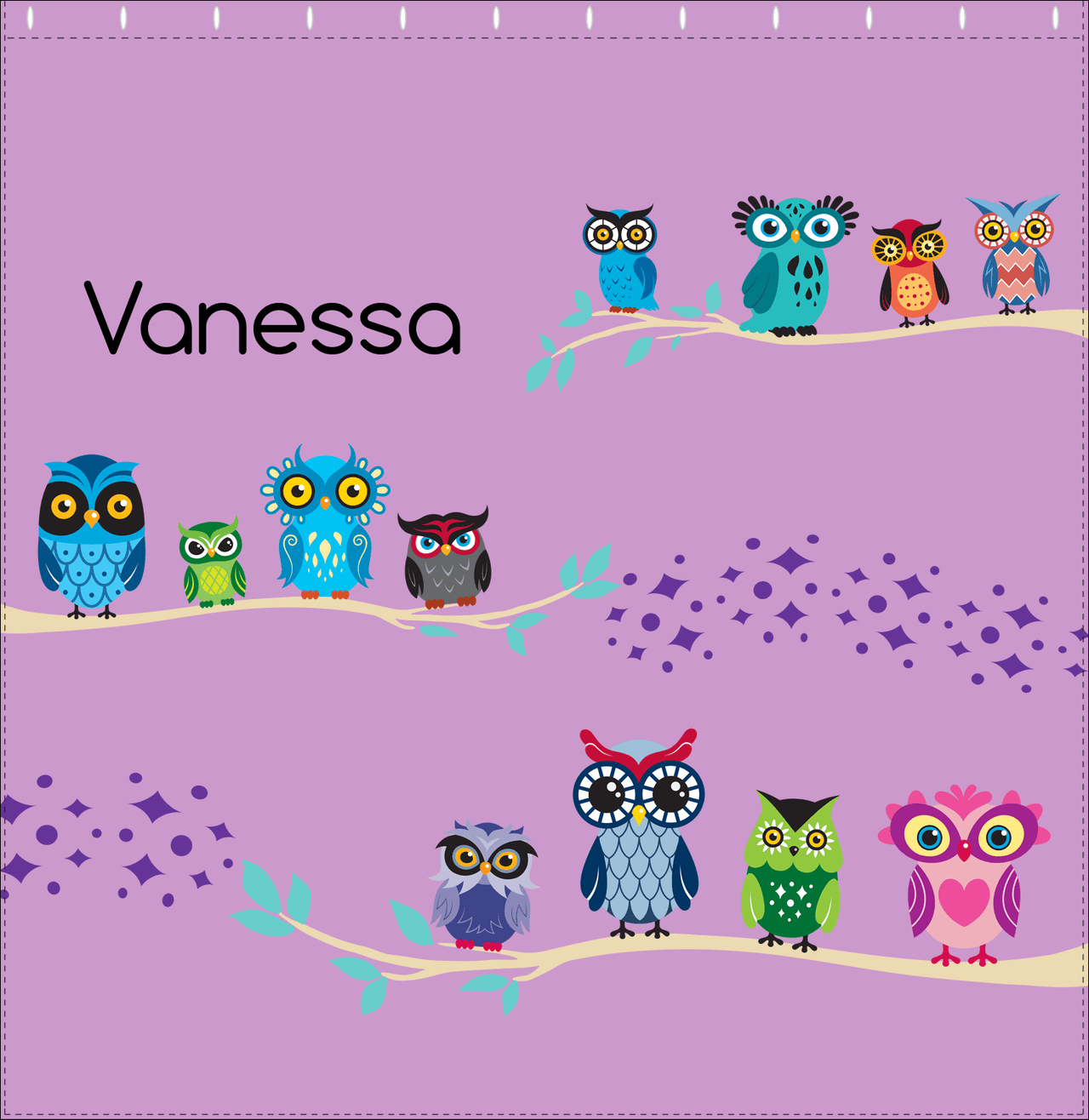Personalized Owl Shower Curtain VIII - All Owls - Purple Background - Decorate View
