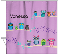 Thumbnail for Personalized Owl Shower Curtain VIII - All Owls - Purple Background - Hanging View