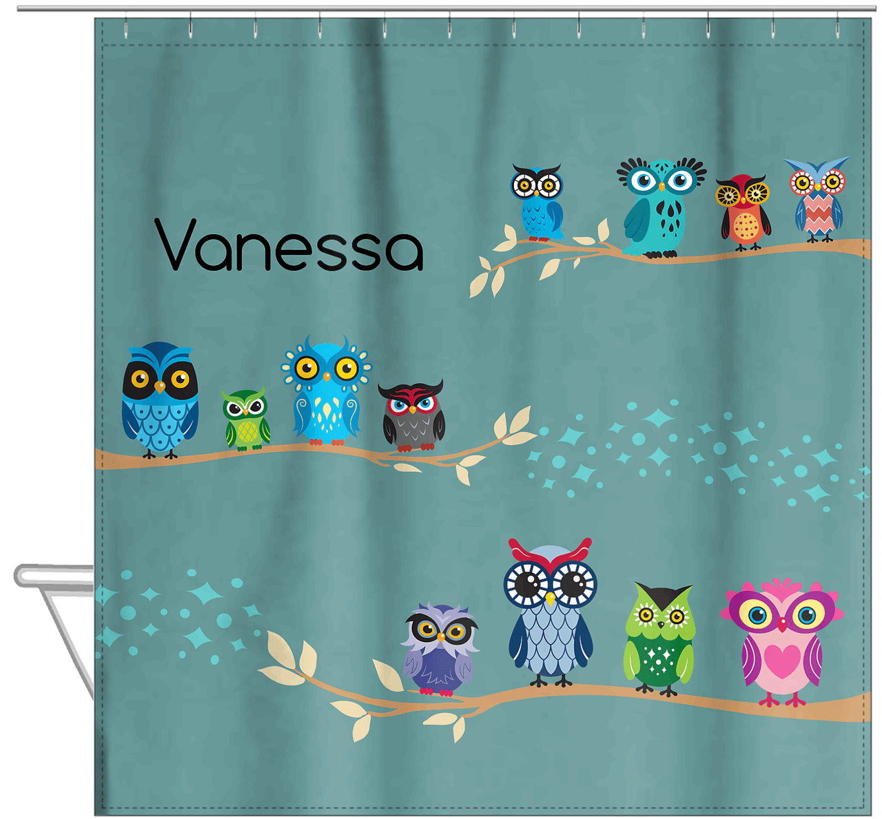 Personalized Owl Shower Curtain VIII - All Owls - Green Background - Hanging View