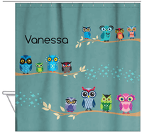Thumbnail for Personalized Owl Shower Curtain VIII - All Owls - Green Background - Hanging View