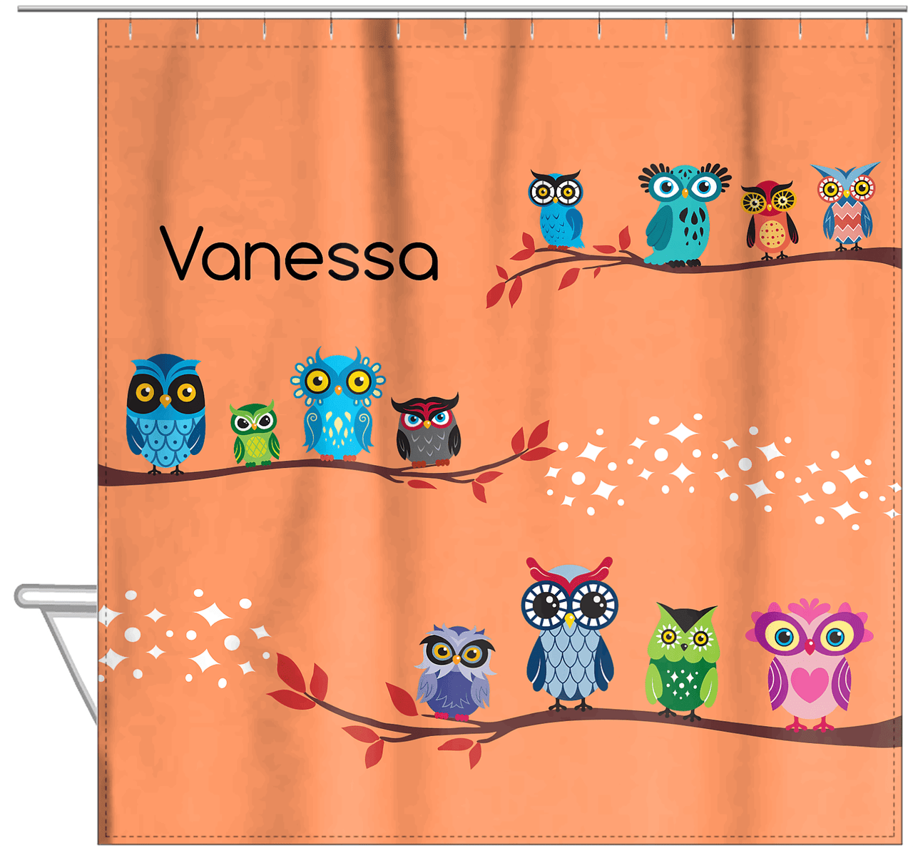 Personalized Owl Shower Curtain VIII - All Owls - Orange Background - Hanging View