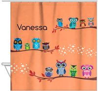 Thumbnail for Personalized Owl Shower Curtain VIII - All Owls - Orange Background - Hanging View