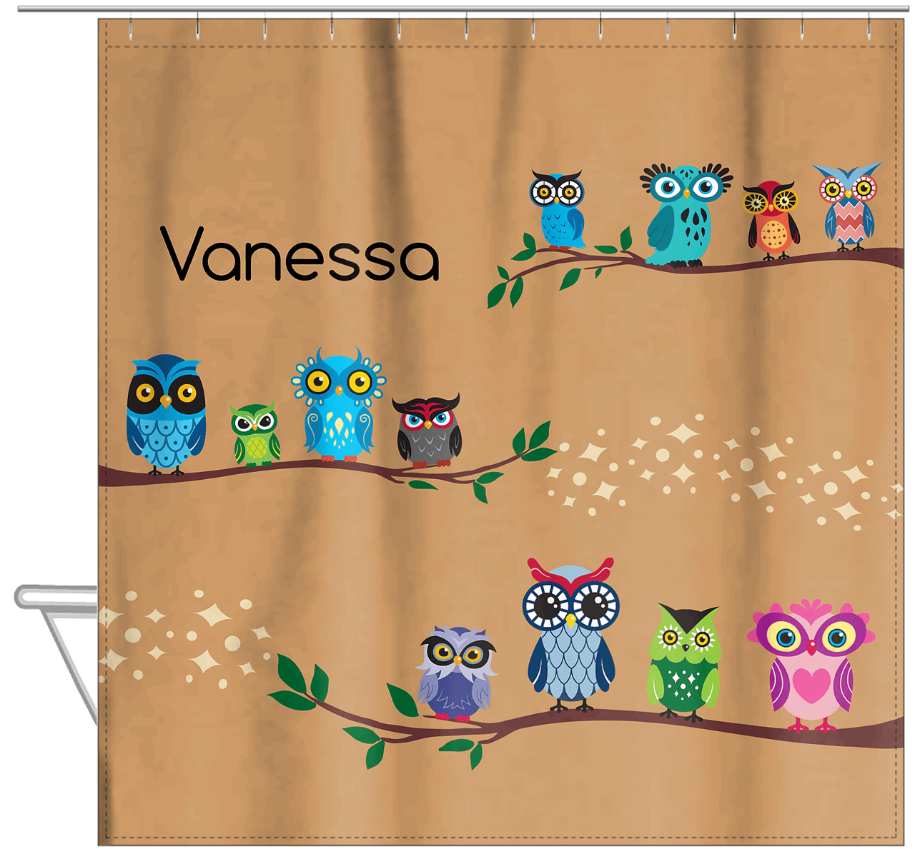 Personalized Owl Shower Curtain VIII - All Owls - Brown Background - Hanging View