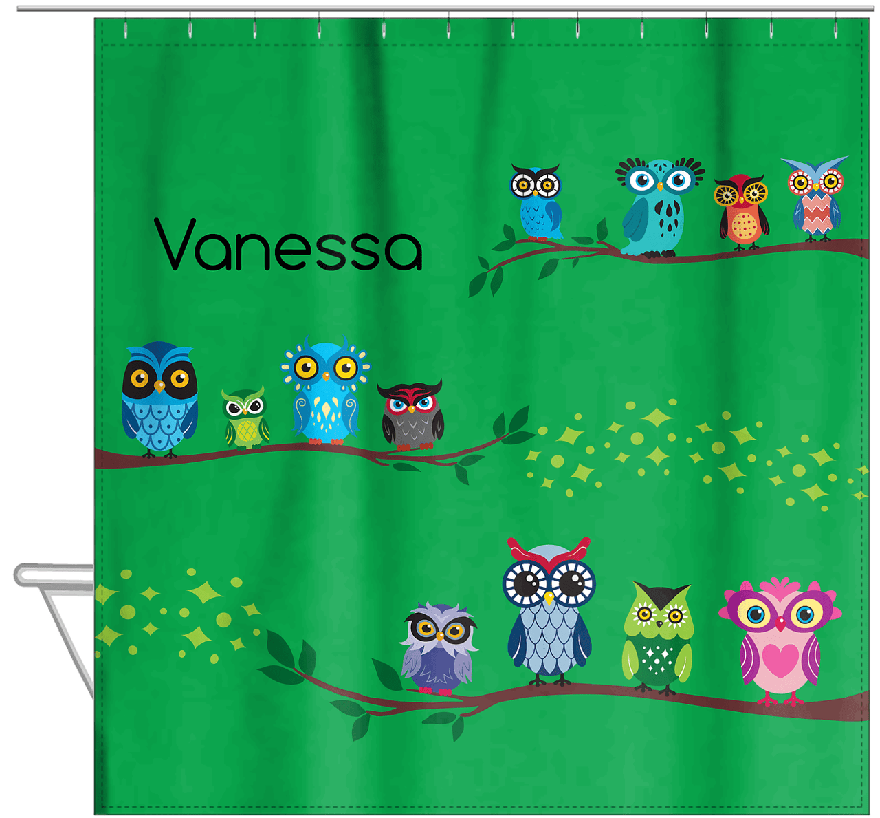 Personalized Owl Shower Curtain VIII - All Owls - Kelly Green Background - Hanging View
