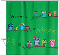 Thumbnail for Personalized Owl Shower Curtain VIII - All Owls - Kelly Green Background - Hanging View