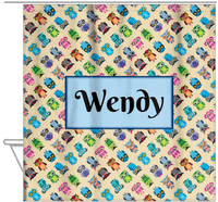 Thumbnail for Personalized Owl Shower Curtain IX - All Owls - Tan Background - Rectangle Nameplate - Hanging View