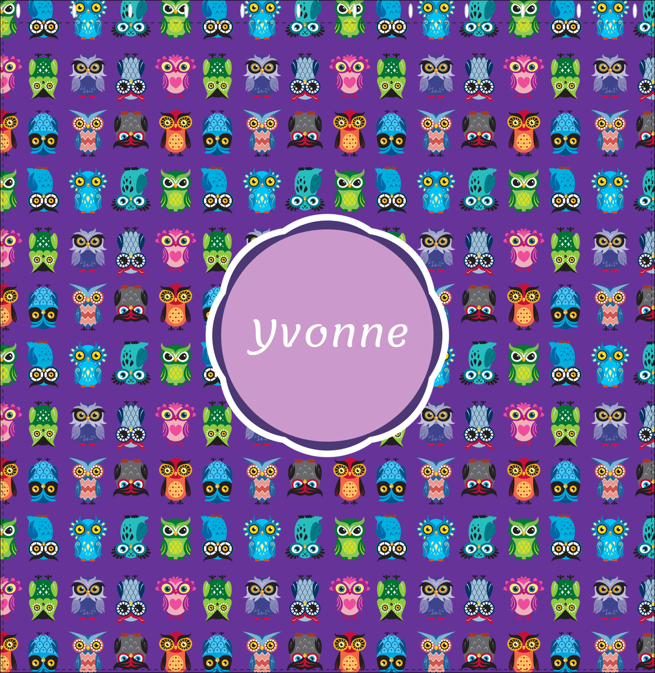 Personalized Owl Shower Curtain X - All Owls - Purple Background - Circle Nameplate - Decorate View