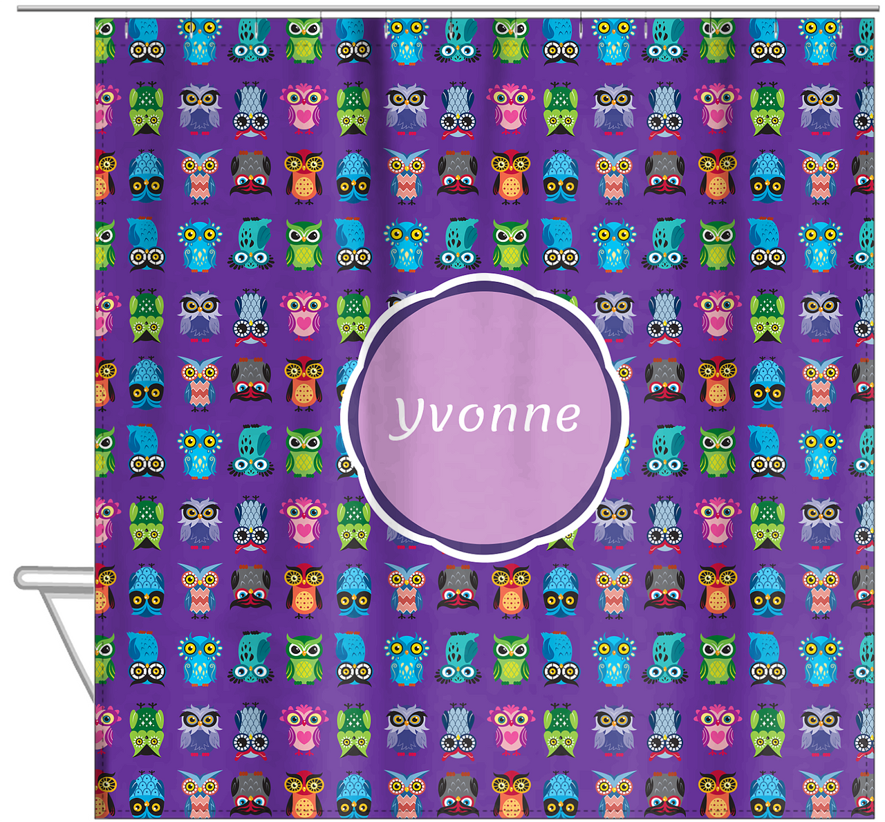 Personalized Owl Shower Curtain X - All Owls - Purple Background - Circle Nameplate - Hanging View