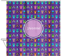 Thumbnail for Personalized Owl Shower Curtain X - All Owls - Purple Background - Circle Nameplate - Hanging View