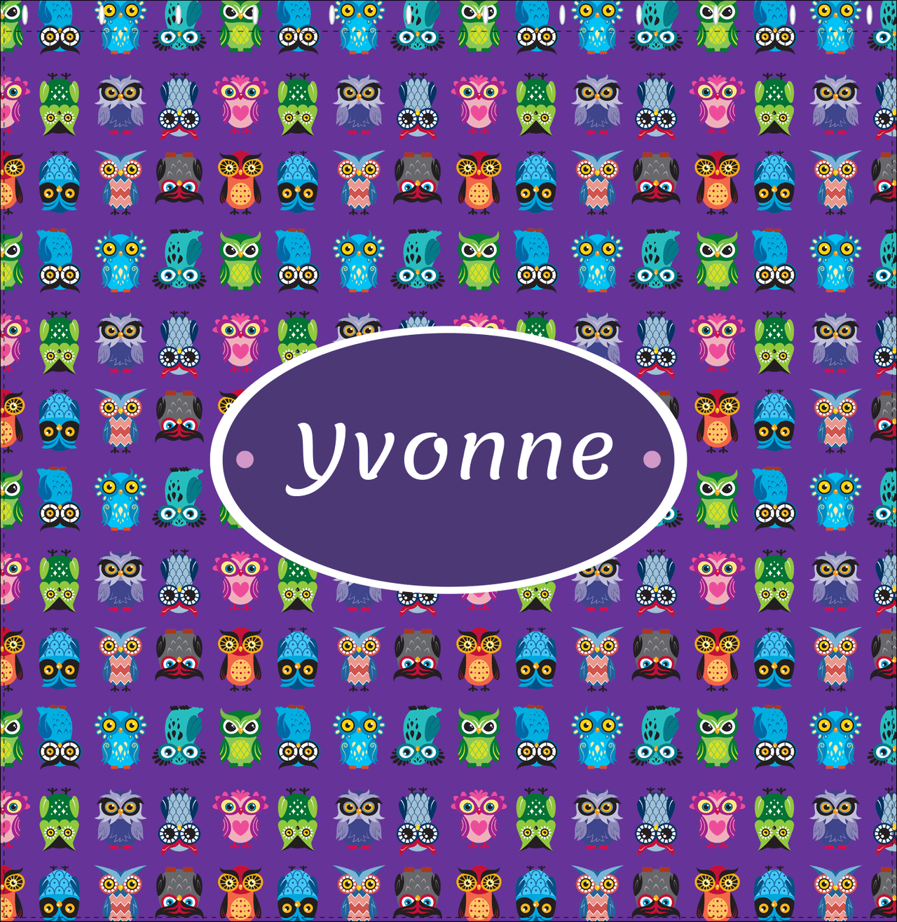 Personalized Owl Shower Curtain X - All Owls - Purple Background - Oval Nameplate - Decorate View