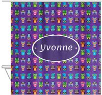 Thumbnail for Personalized Owl Shower Curtain X - All Owls - Purple Background - Oval Nameplate - Hanging View