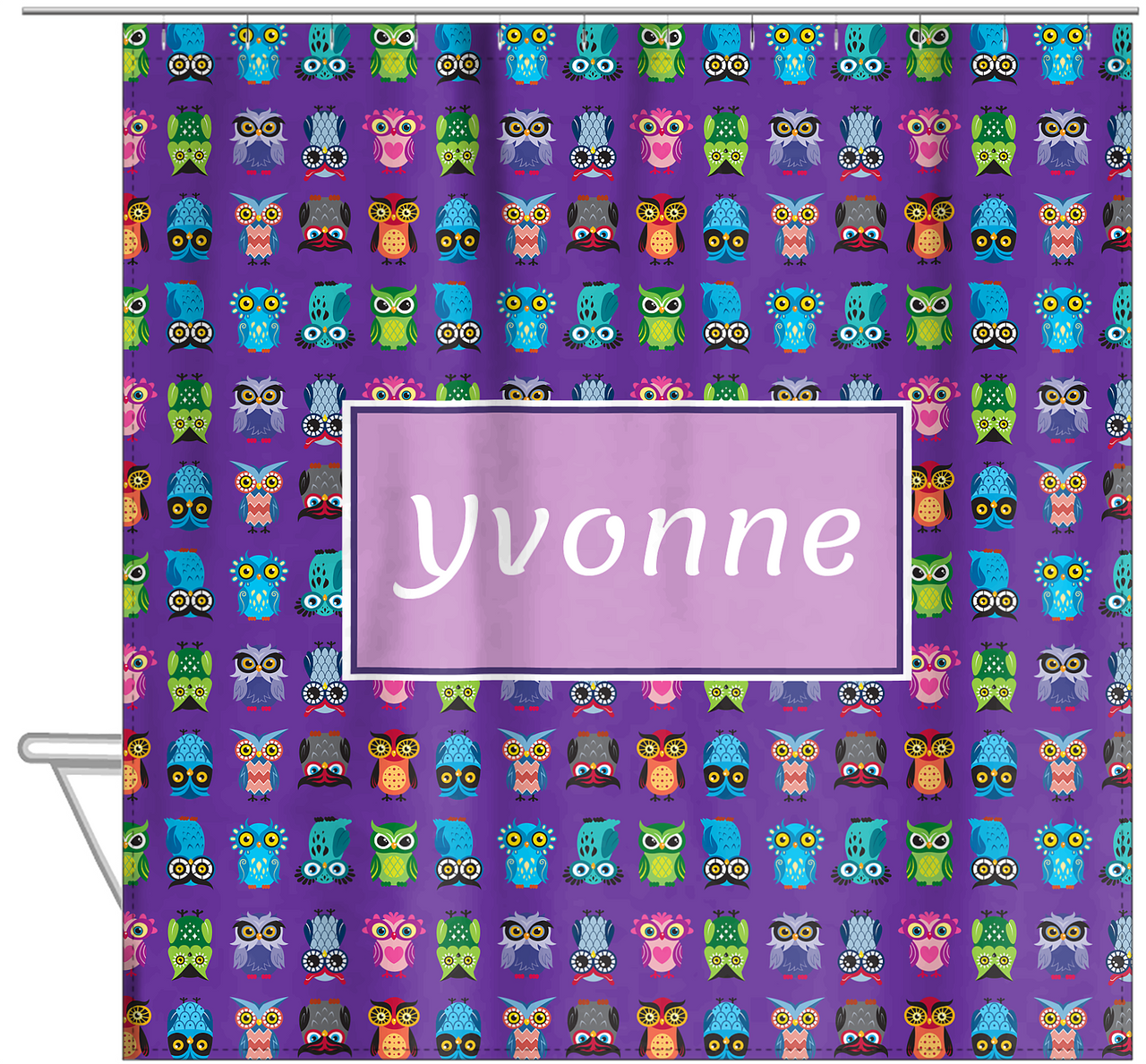 Personalized Owl Shower Curtain X - All Owls - Purple Background - Rectangle Nameplate - Hanging View