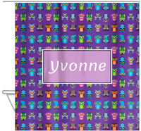 Thumbnail for Personalized Owl Shower Curtain X - All Owls - Purple Background - Rectangle Nameplate - Hanging View