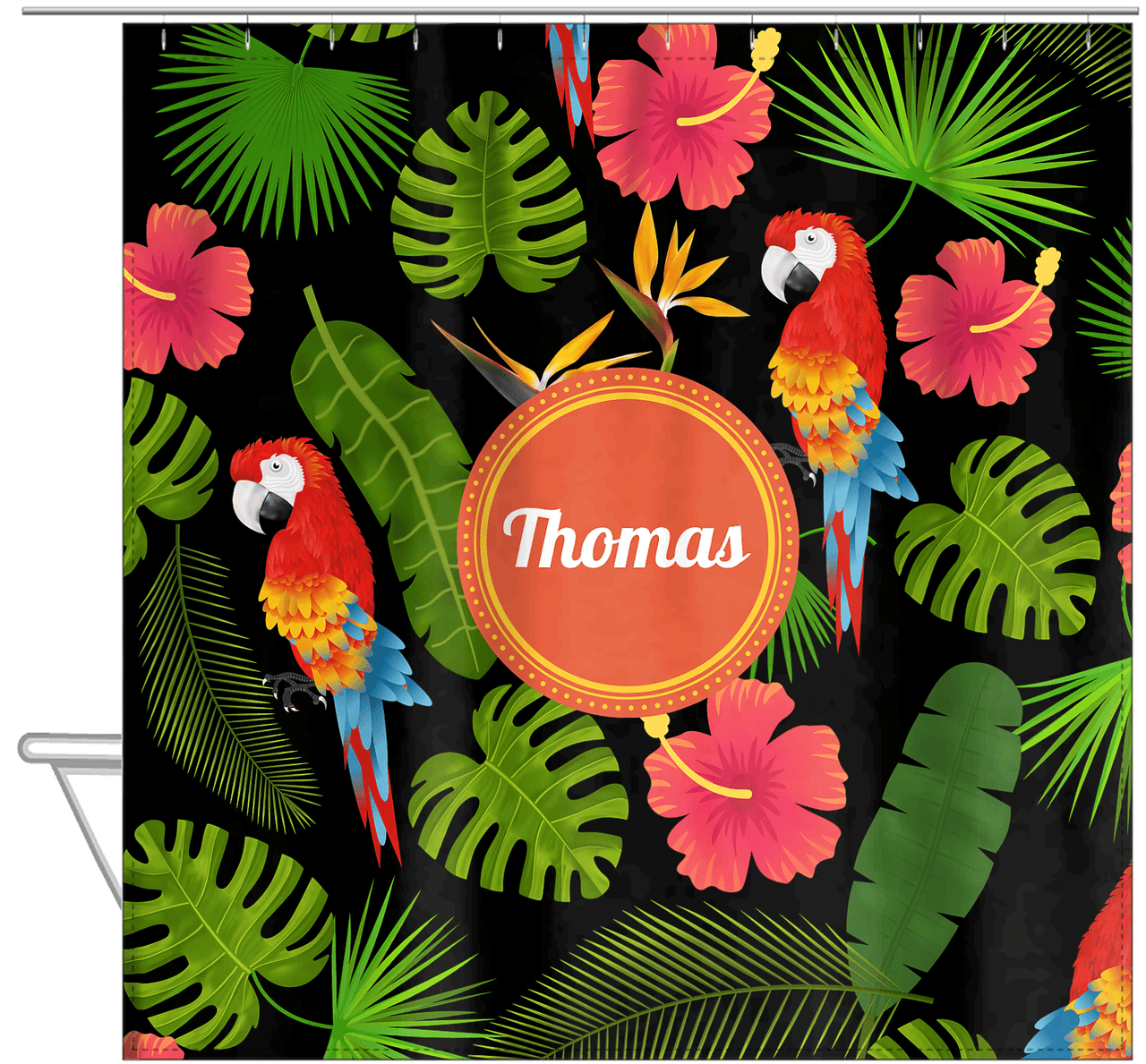 Personalized Palm Fronds Shower Curtain - Circle Nameplate - Hanging View