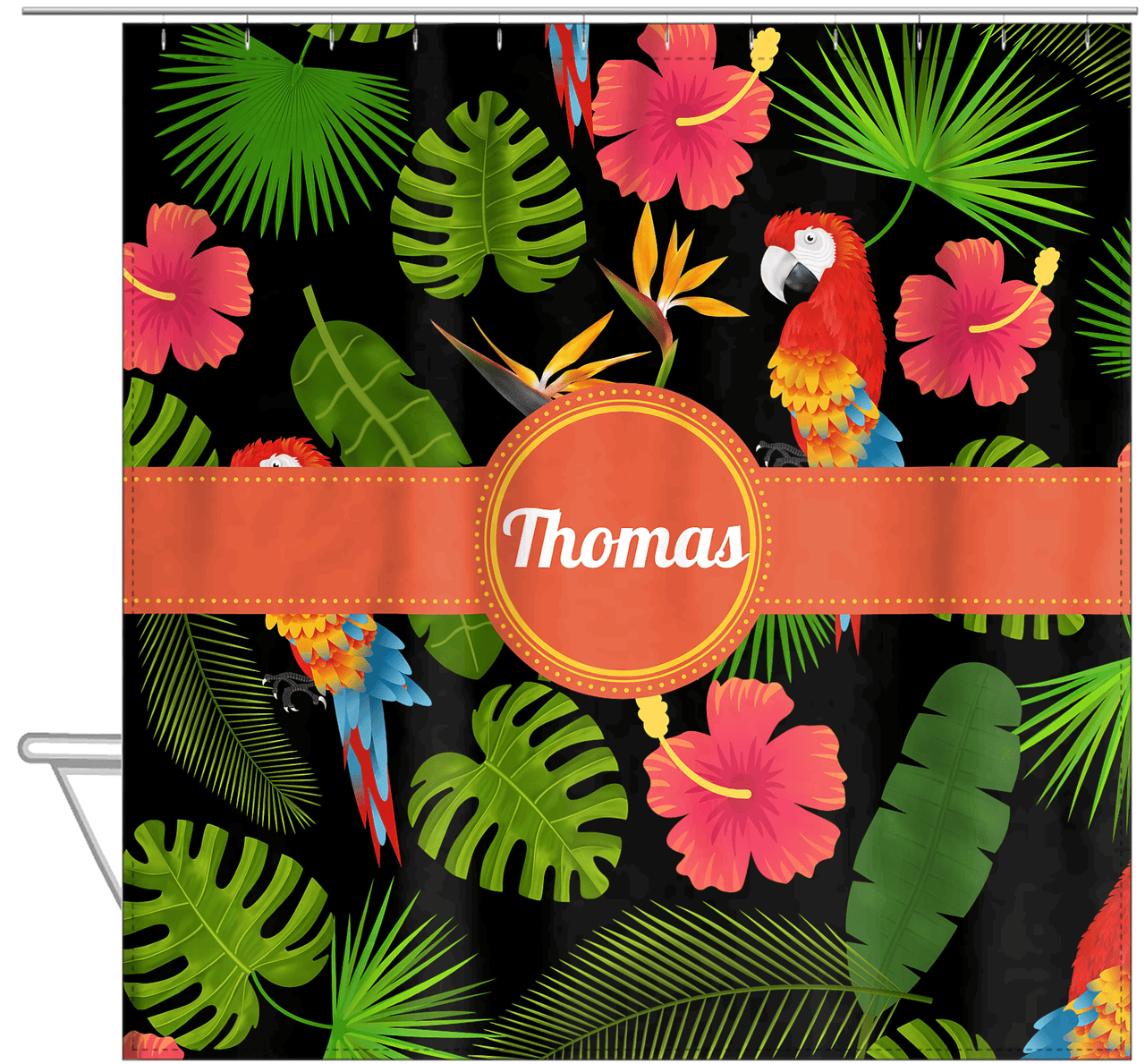 Personalized Palm Fronds Shower Curtain - Circle Ribbon Nameplate - Hanging View