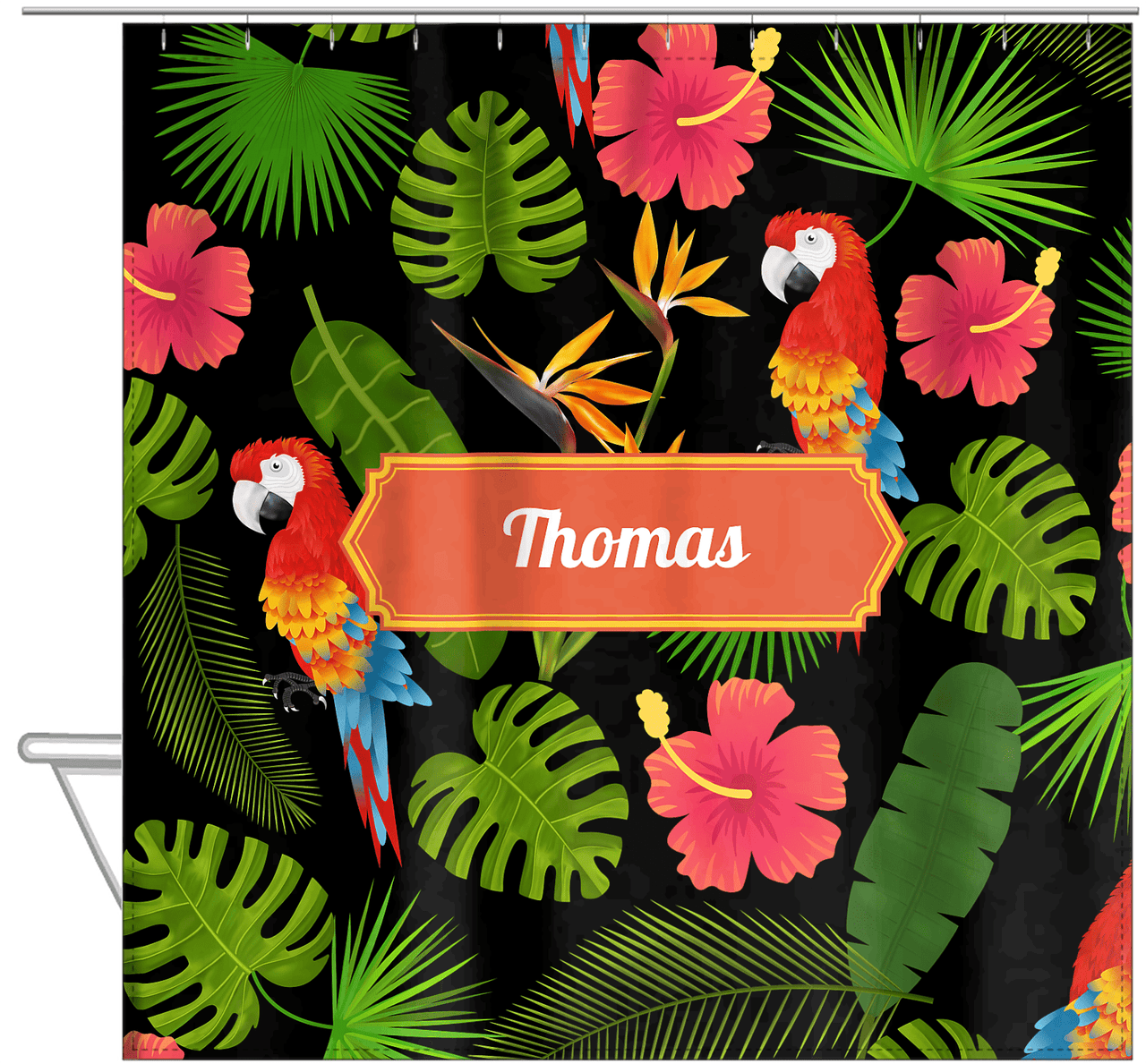 Personalized Palm Fronds Shower Curtain - Decorative Rectangle Nameplate - Hanging View