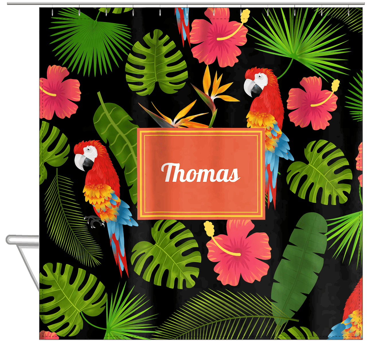 Personalized Palm Fronds Shower Curtain - Rectangle Nameplate - Hanging View