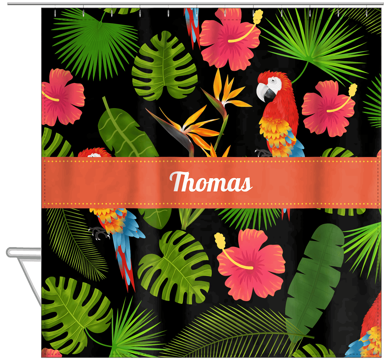 Personalized Palm Fronds Shower Curtain - Ribbon Nameplate - Hanging View