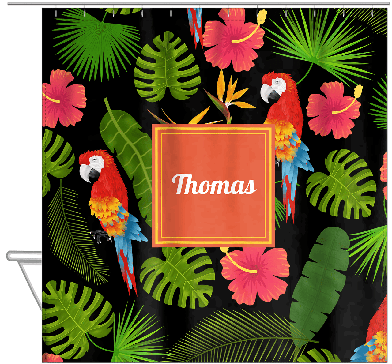 Personalized Palm Fronds Shower Curtain - Square Nameplate - Hanging View