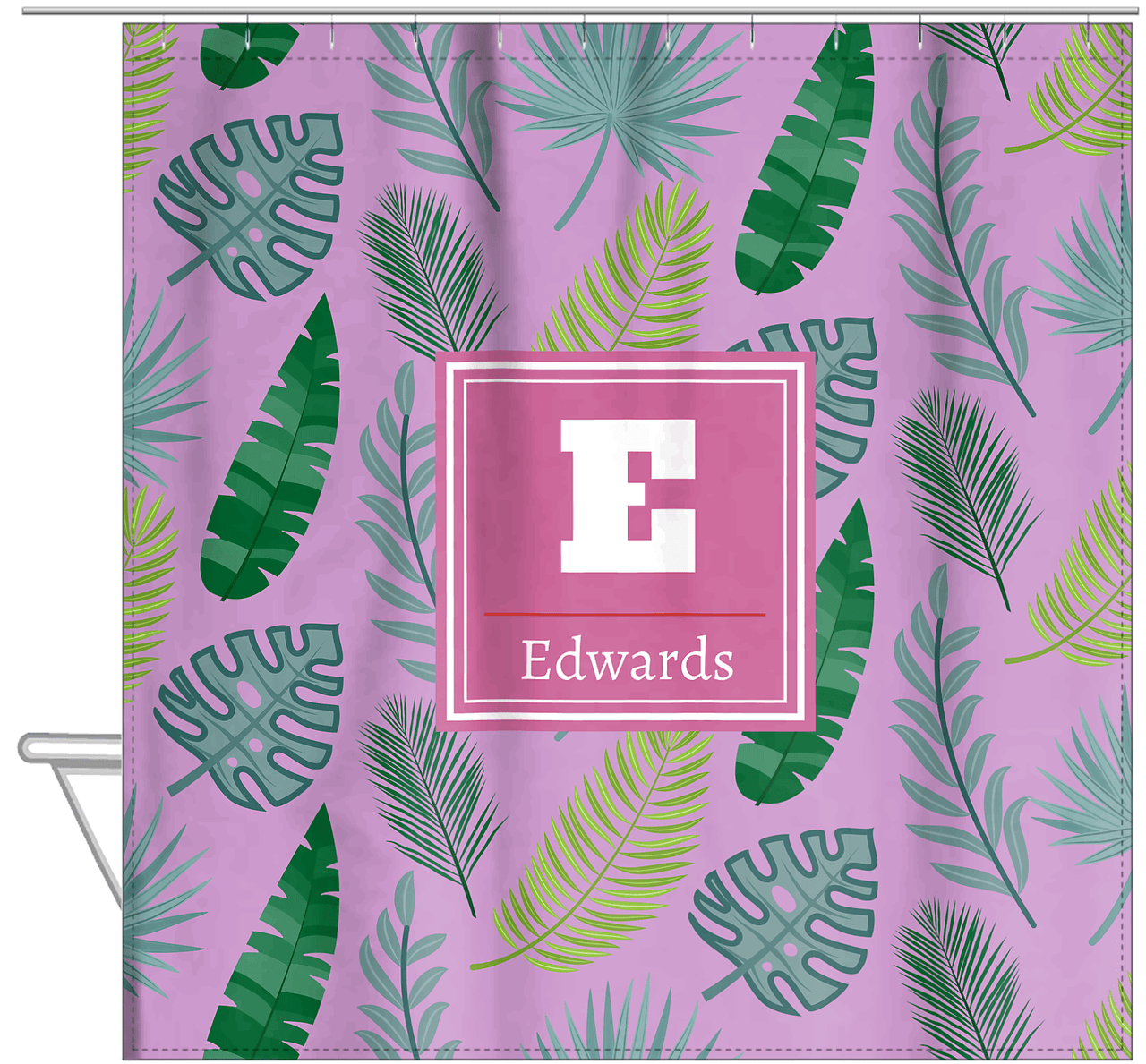 Personalized Palm Fronds Shower Curtain - Initial with Name - Hanging View